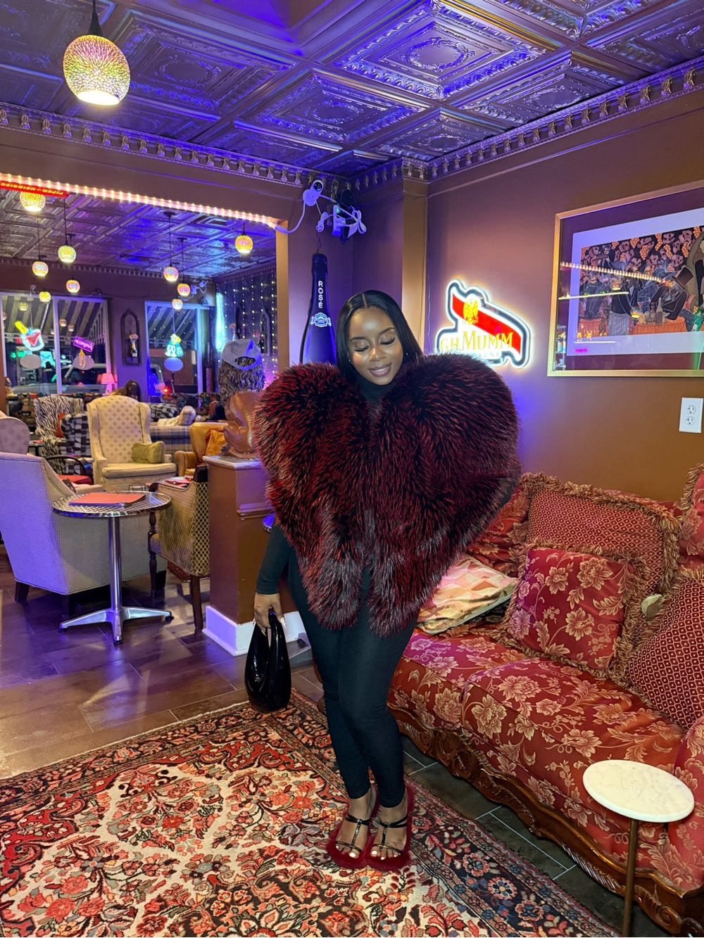Women's Burgundy Faux Fur Cape Coat - Elegant Cozy Layer